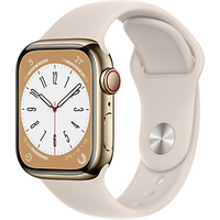 Apple Watch Series 8 41 mm kast van goudkleurig roestvrij staal op wit sportbandje [Wi-Fi + Cellular]