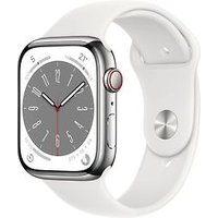 Apple Watch Series 8 45 mm kast van zilverkleurig roestvrij staal op wit sportbandje [Wi-Fi + Cellular]